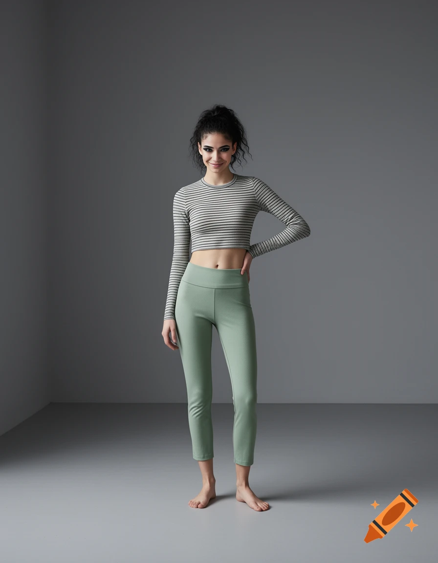 A woman with dark frizzy hair in a ponytail wears a striped crop top and light-green capris, standing barefoot in a grey room.
