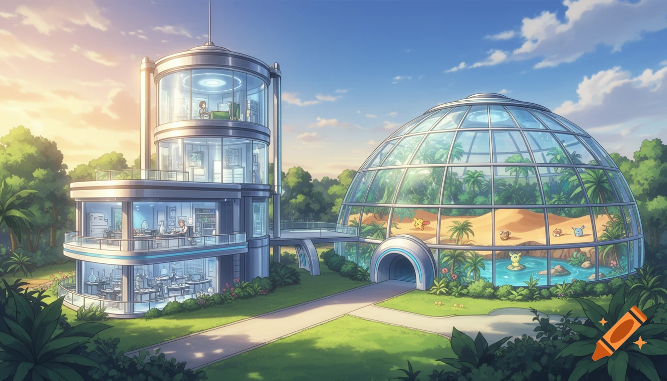 Anime-style futuristic lab building and glass biodome with Pokemon-like creatures in sandy and watery habitats, set in a lush green environment.