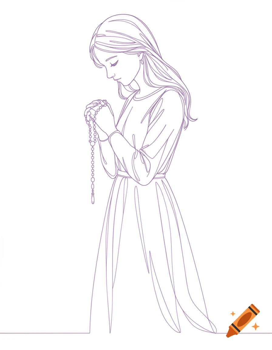 Minimalist line art of a young woman praying, holding a rosary.