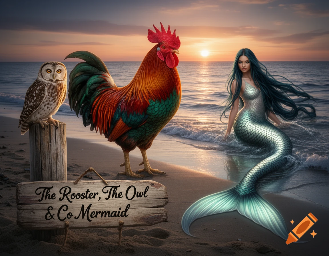 A photorealistic image of an owl on a wooden post, a rooster, and a mermaid with flowing blue hair on a beach at sunset, with a sign reading "The Rooster, The Owl & Co Mermaid"