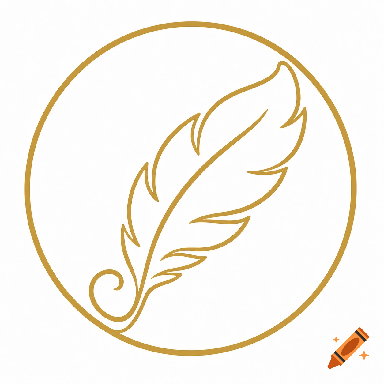 Minimalist golden line art logo of a feather inside a circle on a white background.