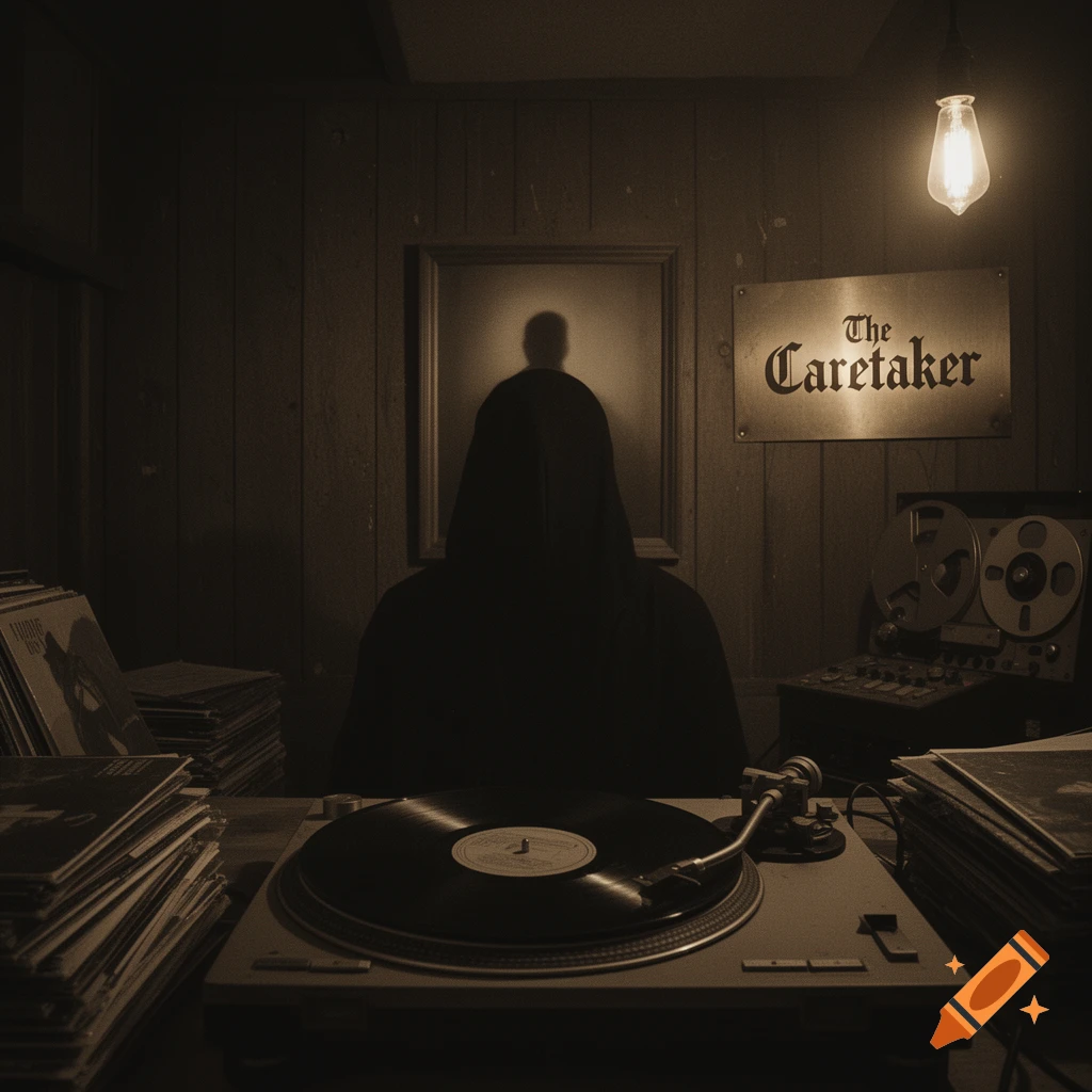 Sepia-toned image of a hooded figure from behind, at a desk with a record player, reel-to-reel, and a 'The Caretaker' sign.