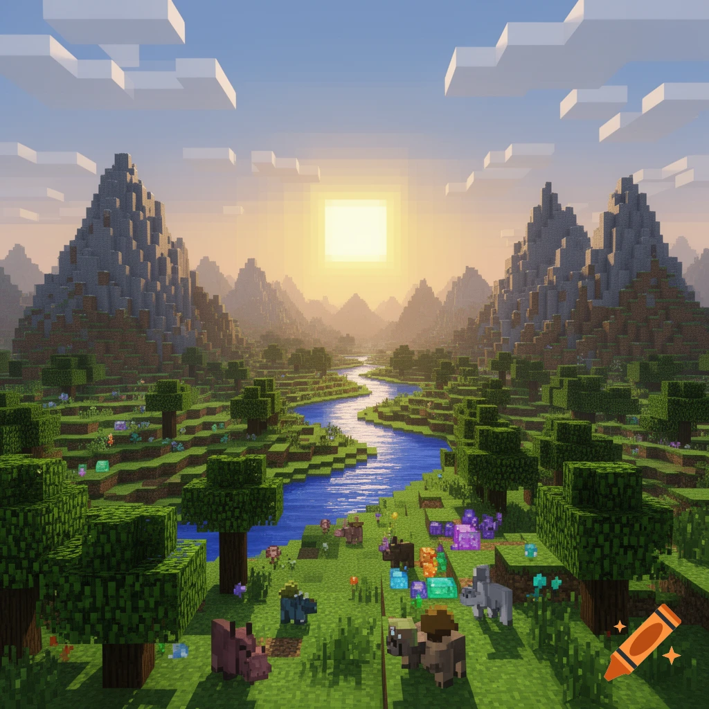 A pixelated Minecraft-style landscape with blocky mountains, a winding blue river, green trees, and small creatures under a square sun.