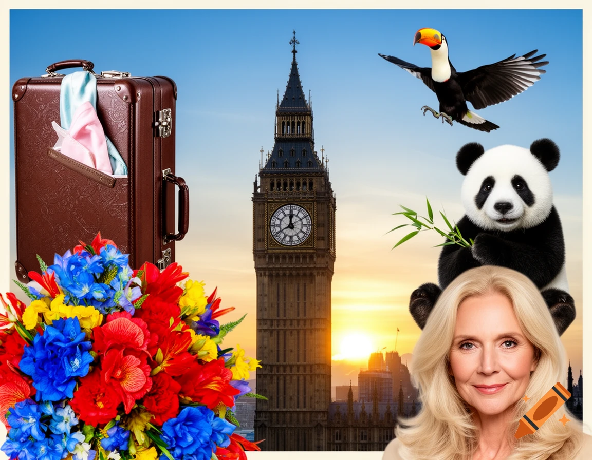 A busy birthday card collage featuring Big Ben, a woman, a panda, a toucan, a suitcase, and colorful flowers.