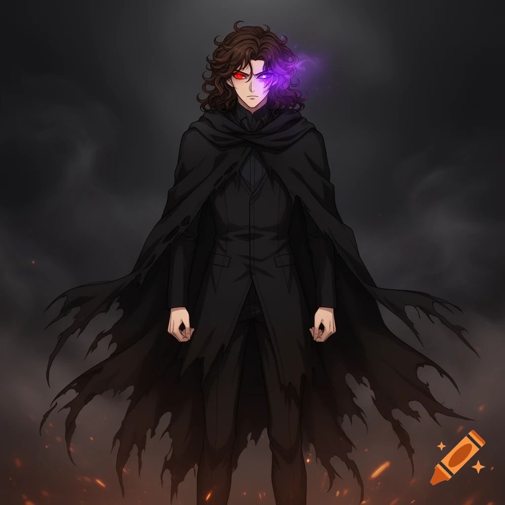 Anime male character with dark brown curly hair, red right eye, purple left eye, wearing a black suit and dark ripped cloak.