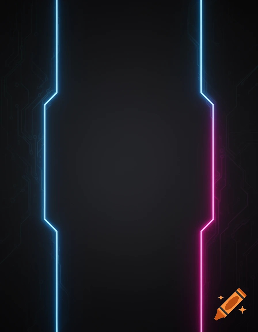 Dark background with vertical blue and pink neon lights framing a central space, featuring subtle circuit board patterns.