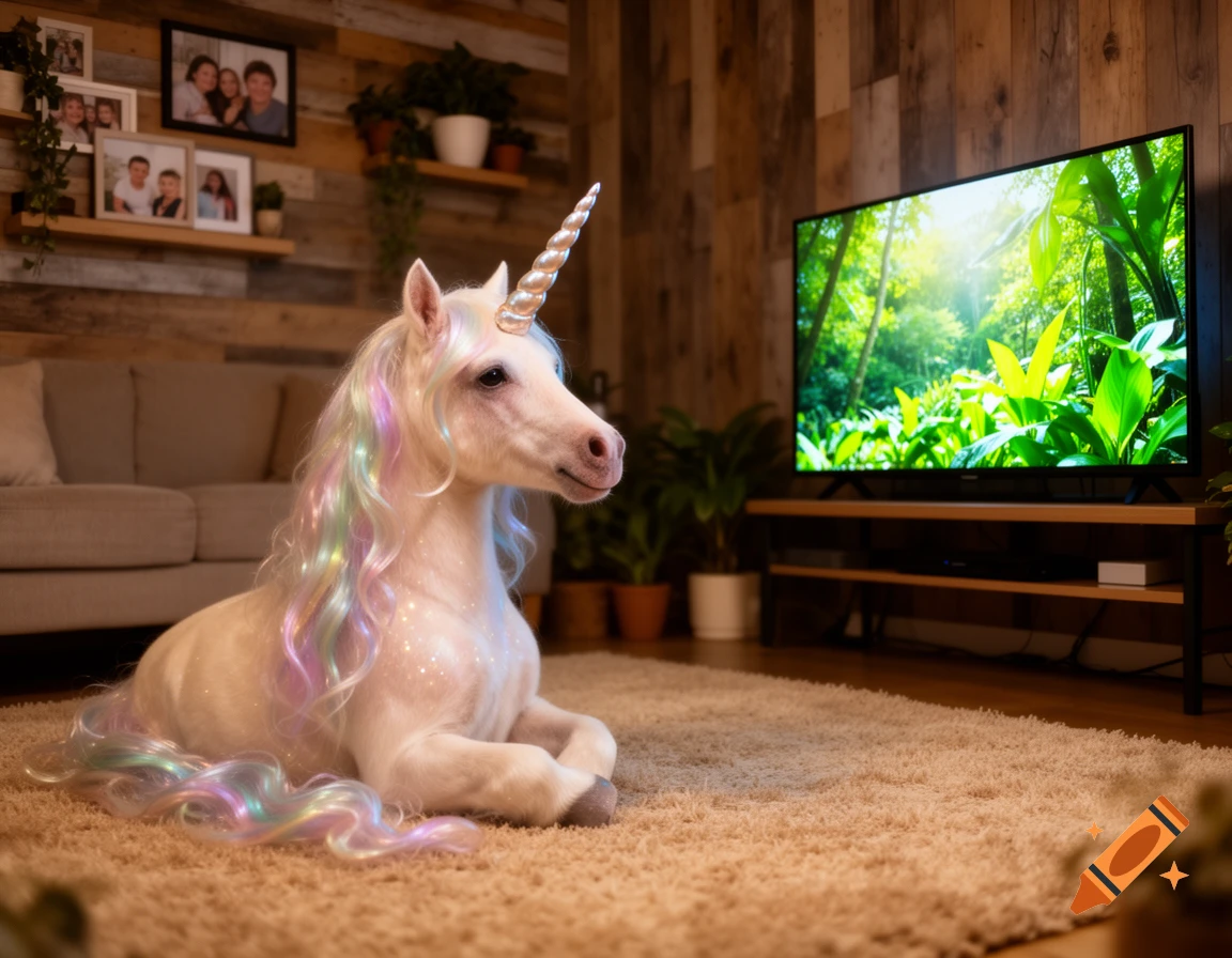 A photorealistic unicorn with a rainbow mane lies on a rug in a cozy living room, watching a jungle scene on TV.
