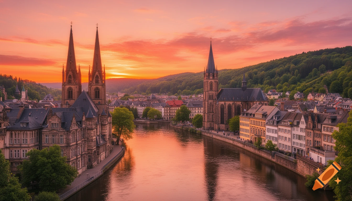 A historic German city with churches and buildings lining a river, set against a vibrant orange sunset over forested hills, photorealistic.