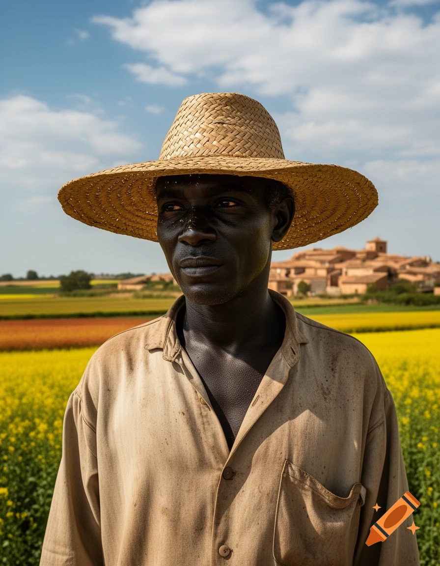 Photorealistic portrait of a person in a straw hat standing in a yellow flower field with a village in the background under a blue sky.