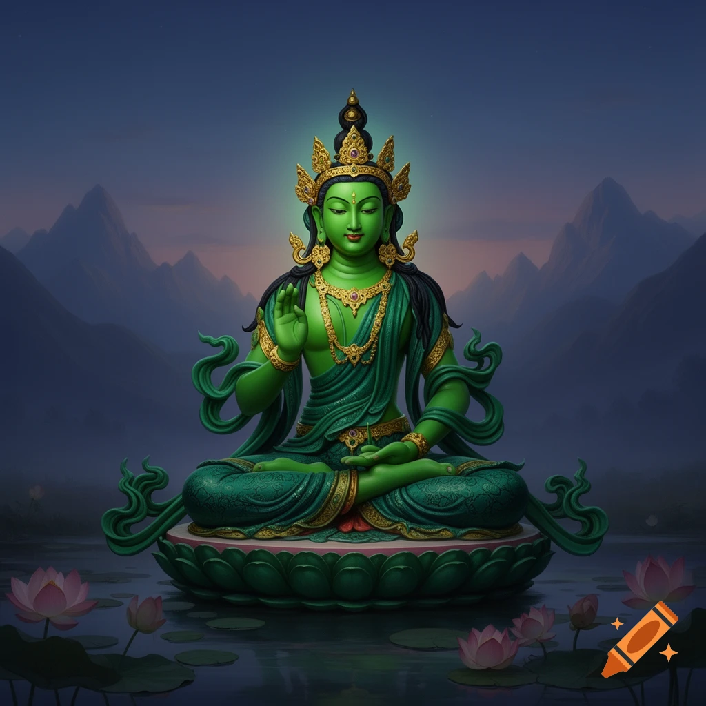 Vibrant green Green Tara deity meditating on a lotus throne on water, surrounded by pink lotus flowers and distant mountains at dusk.