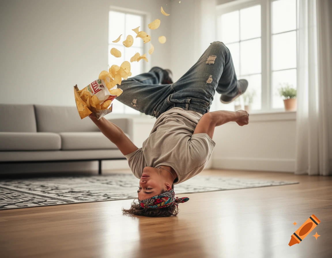 A young man doing a headstand in a modern living room, spilling potato chips from an open bag.