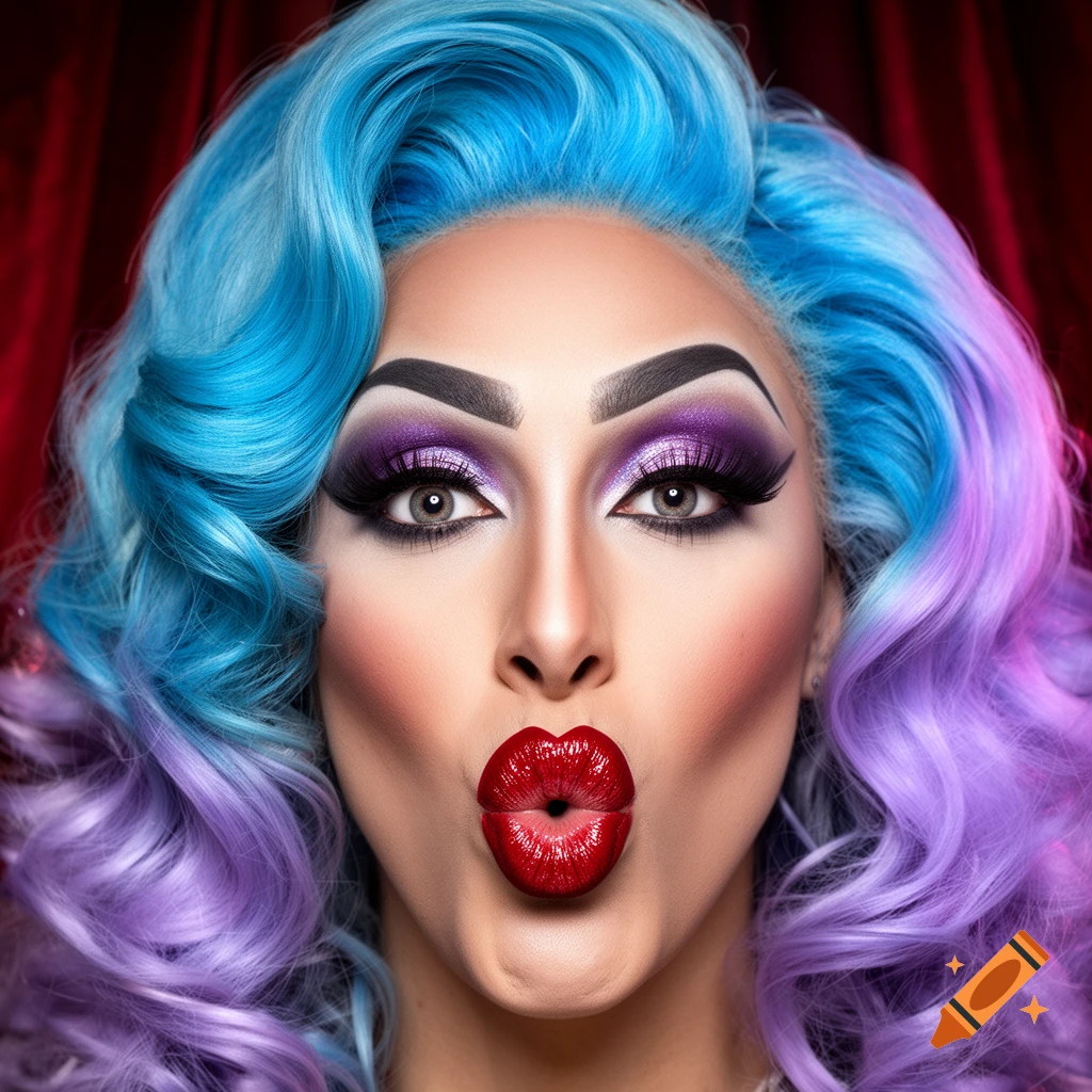 Close-up portrait of a drag queen with bright blue and purple hair, dramatic purple eyeshadow, and red duck lips.