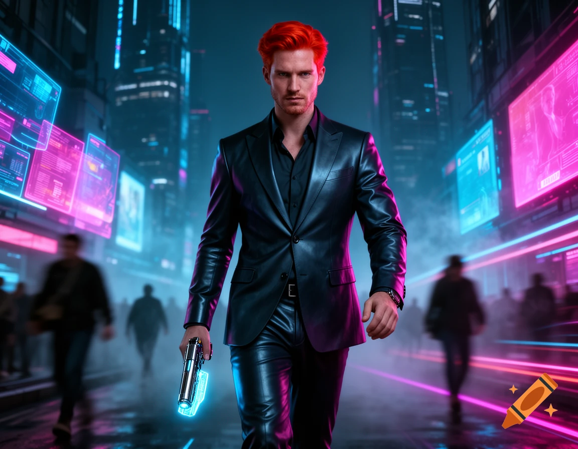 A red-haired man in a black leather suit walks through a neon-lit cyberpunk city street, holding a glowing pistol.