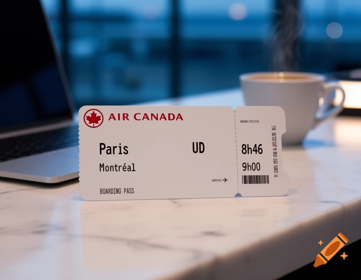 A photorealistic image of an Air Canada boarding pass for a flight from Paris to Montreal, next to a laptop and a steaming coffee cup.