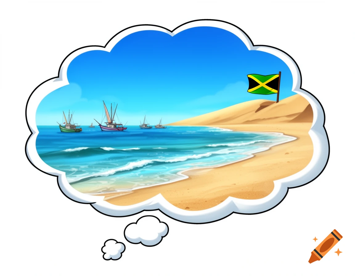 A cartoon thought bubble depicting a beach scene with several shrimp boats in the ocean, a sandy shore, and a Jamaican flag on a pole.