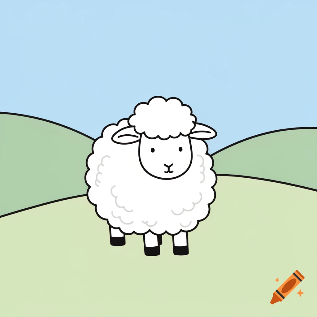 A simple cartoon illustration of a white sheep standing in a green field under a blue sky.