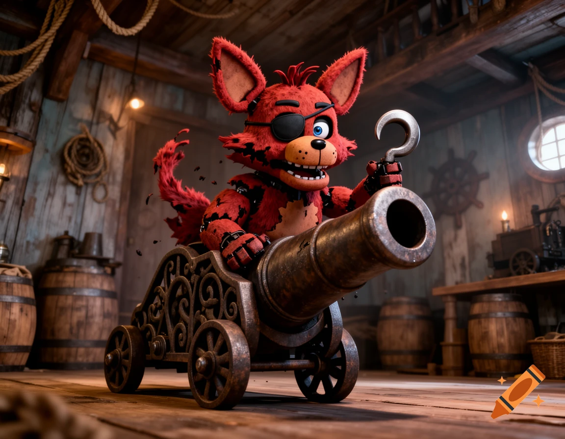 Foxy the pirate animatronic from Five Nights at Freddy's sits atop a cannon in a rustic wooden pirate ship interior.
