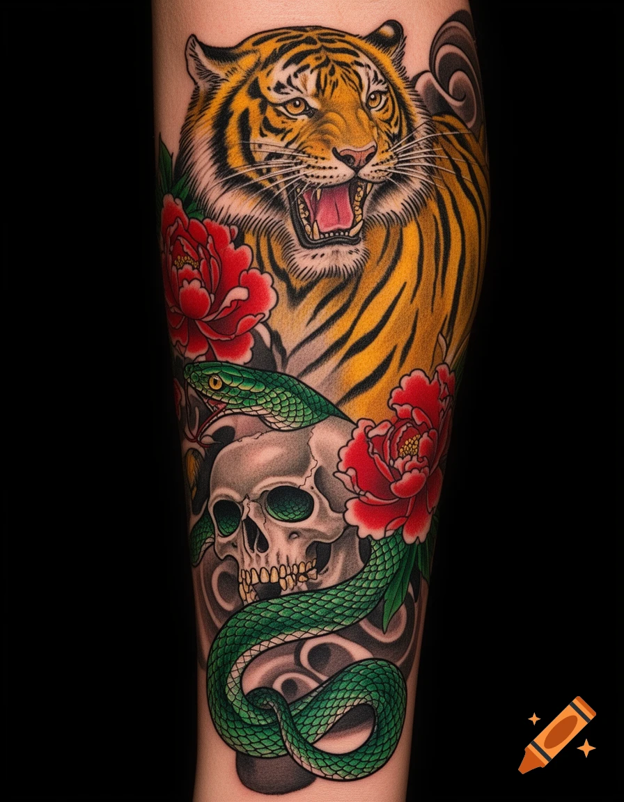 Traditional Japanese tattoo featuring a roaring tiger, a skull, a green snake, and red peonies on an arm.