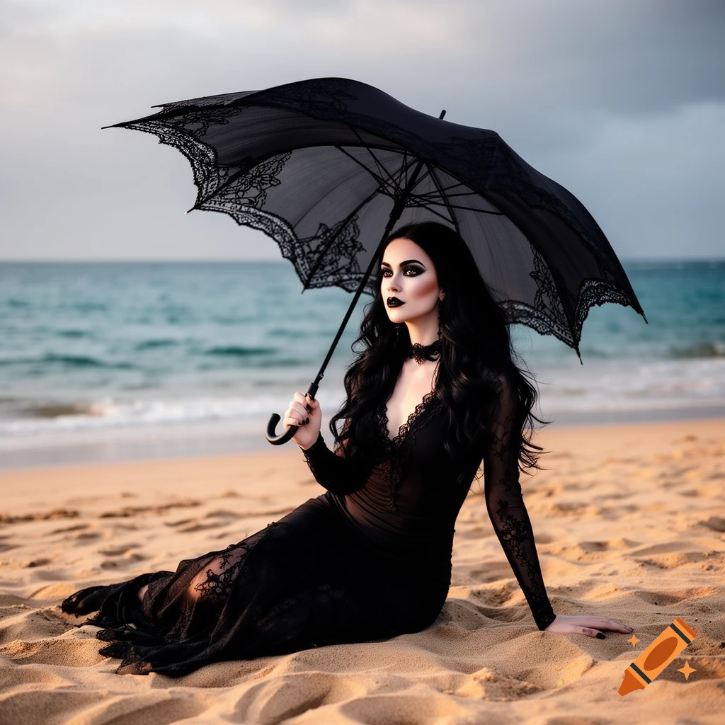 A goth woman with long black hair, wearing a black lace dress, sits on a sandy beach under a black parasol, looking to the side.
