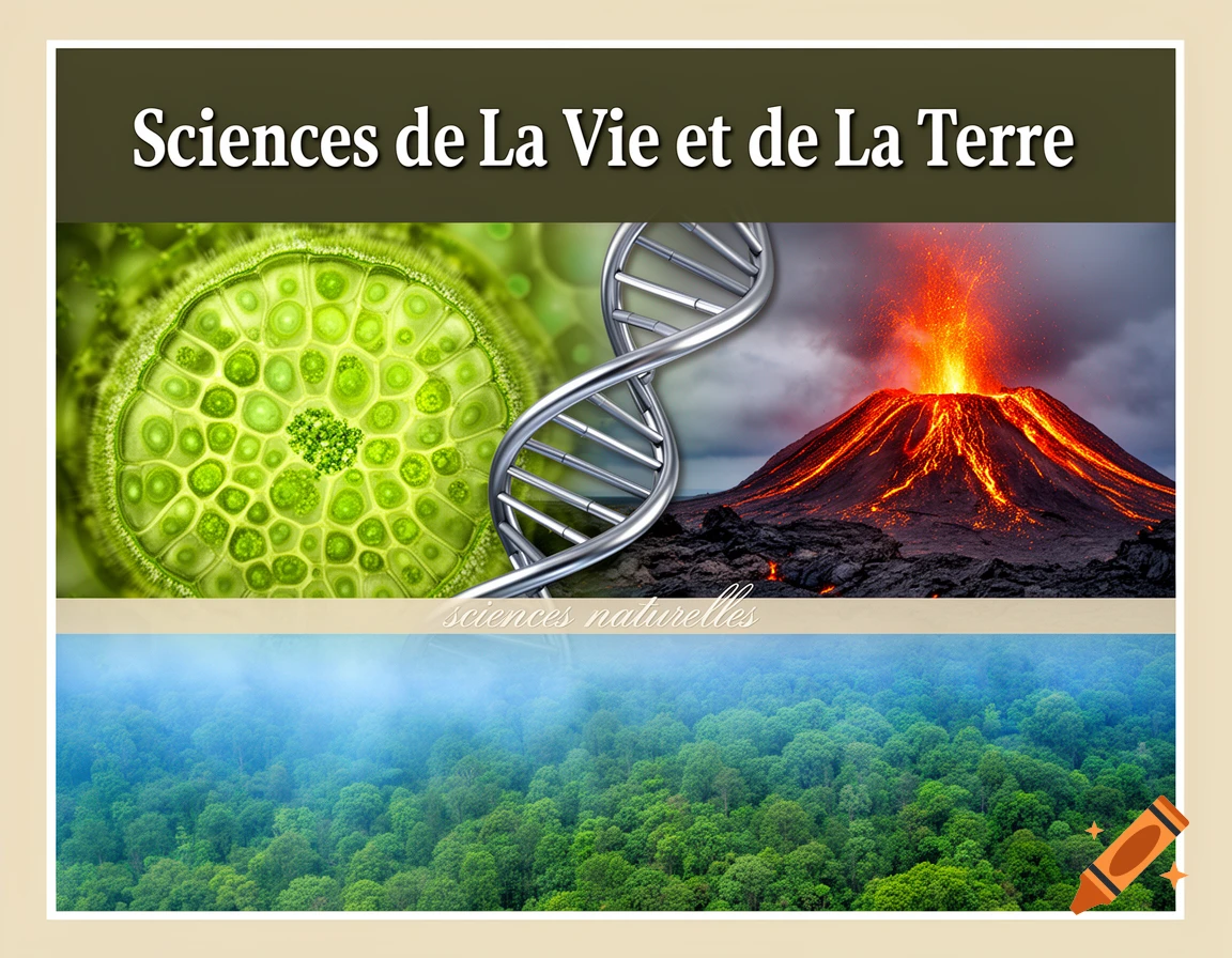 A collage depicting a microscopic cell, a DNA helix, a volcanic eruption, and a forest, with text 'Sciences de La Vie et de La Terre'.