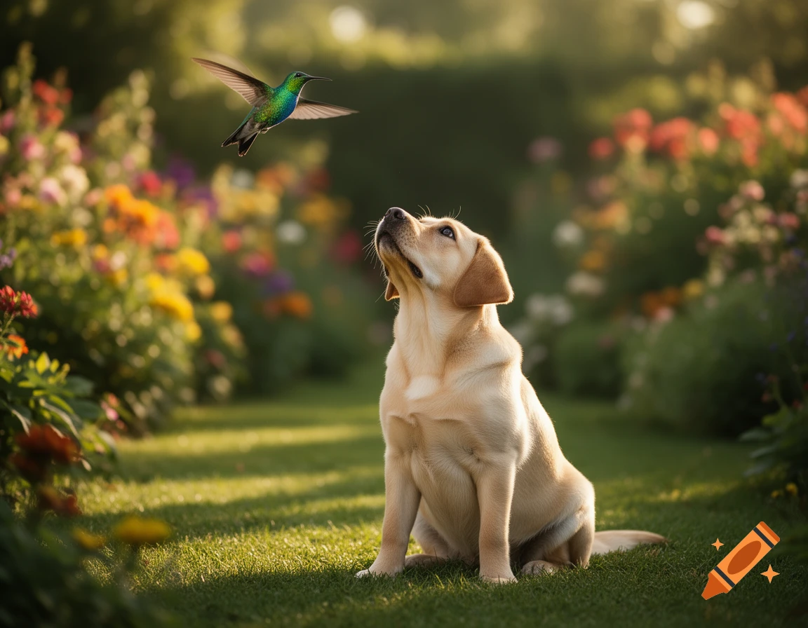 A golden Labrador puppy sits in a sunny garden, looking up at a hovering green and blue hummingbird amidst colorful flowers.