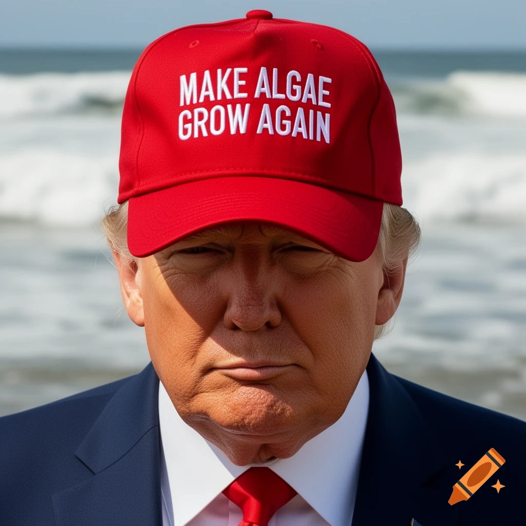 Photorealistic portrait of Donald Trump wearing a red hat that says 'MAKE ALGAE GROW AGAIN' with an ocean background.