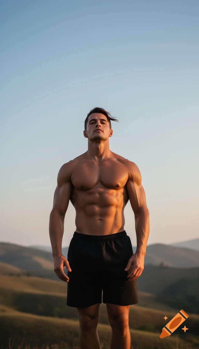 Muscular man in black shorts standing outdoors against a scenic hilly landscape at sunset, photorealistic.