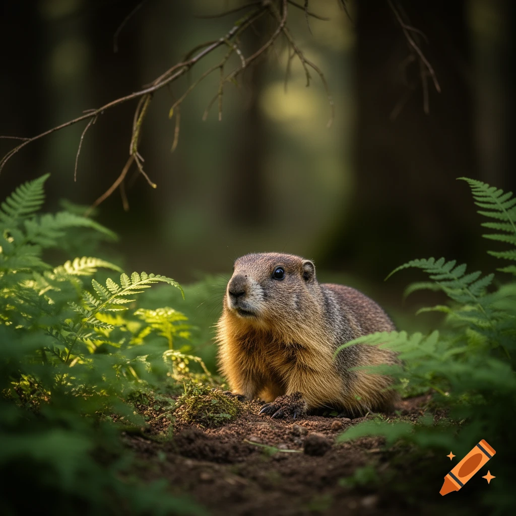 Photorealistic image of a brown marmot sitting among green ferns on a forest floor, looking left.