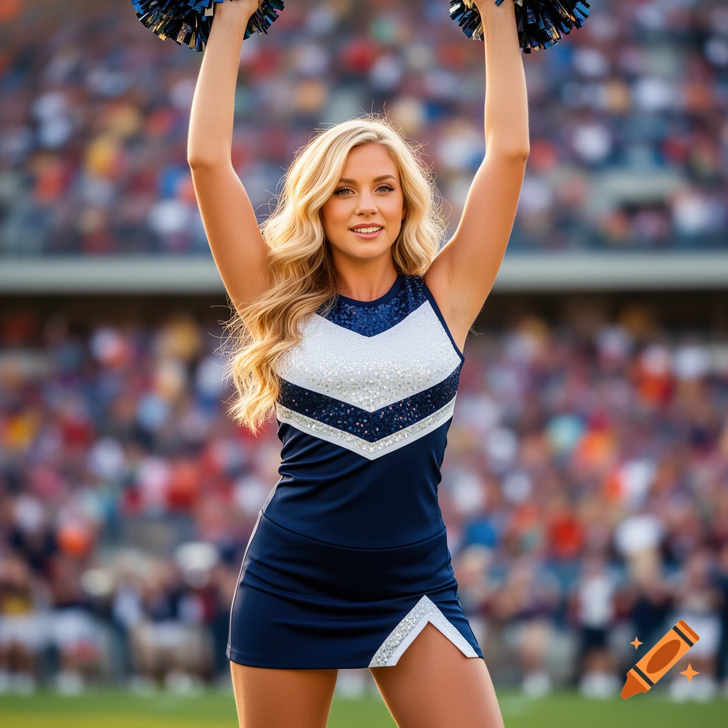 A blonde cheerleader in a navy and white uniform with pompoms raised, smiling in a stadium during a game.
