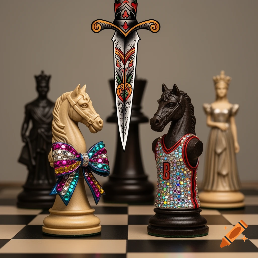 Two knight chess pieces, one with a bedazzled cheer bow, the other in a bedazzled basketball jersey, with a tattoo-style dagger above on a chessboard.