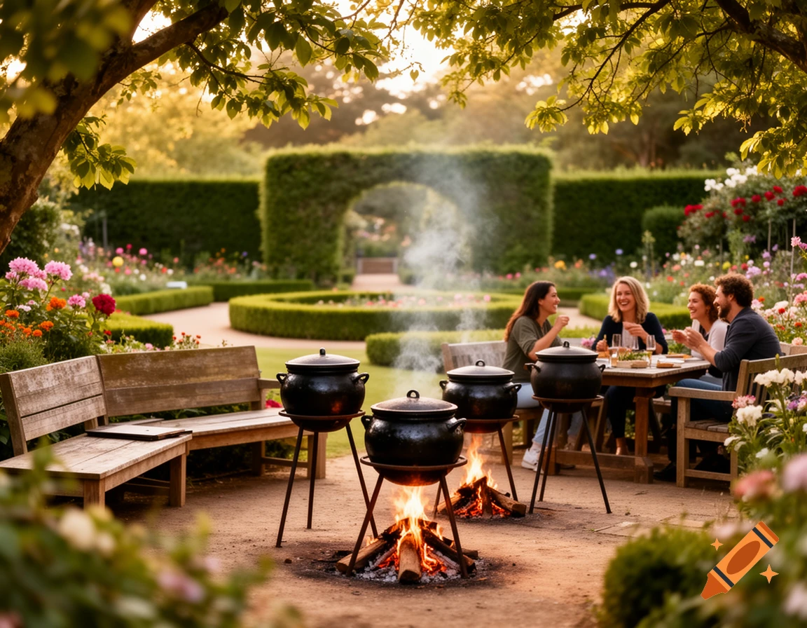 People gather at a long table for an outdoor meal in a lush garden with cooking pots over open fires.