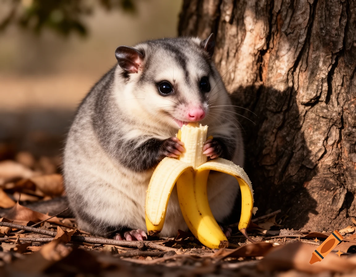 A small, fluffy possum with big black eyes eats a peeled banana while sitting on fallen leaves next to a tree trunk.