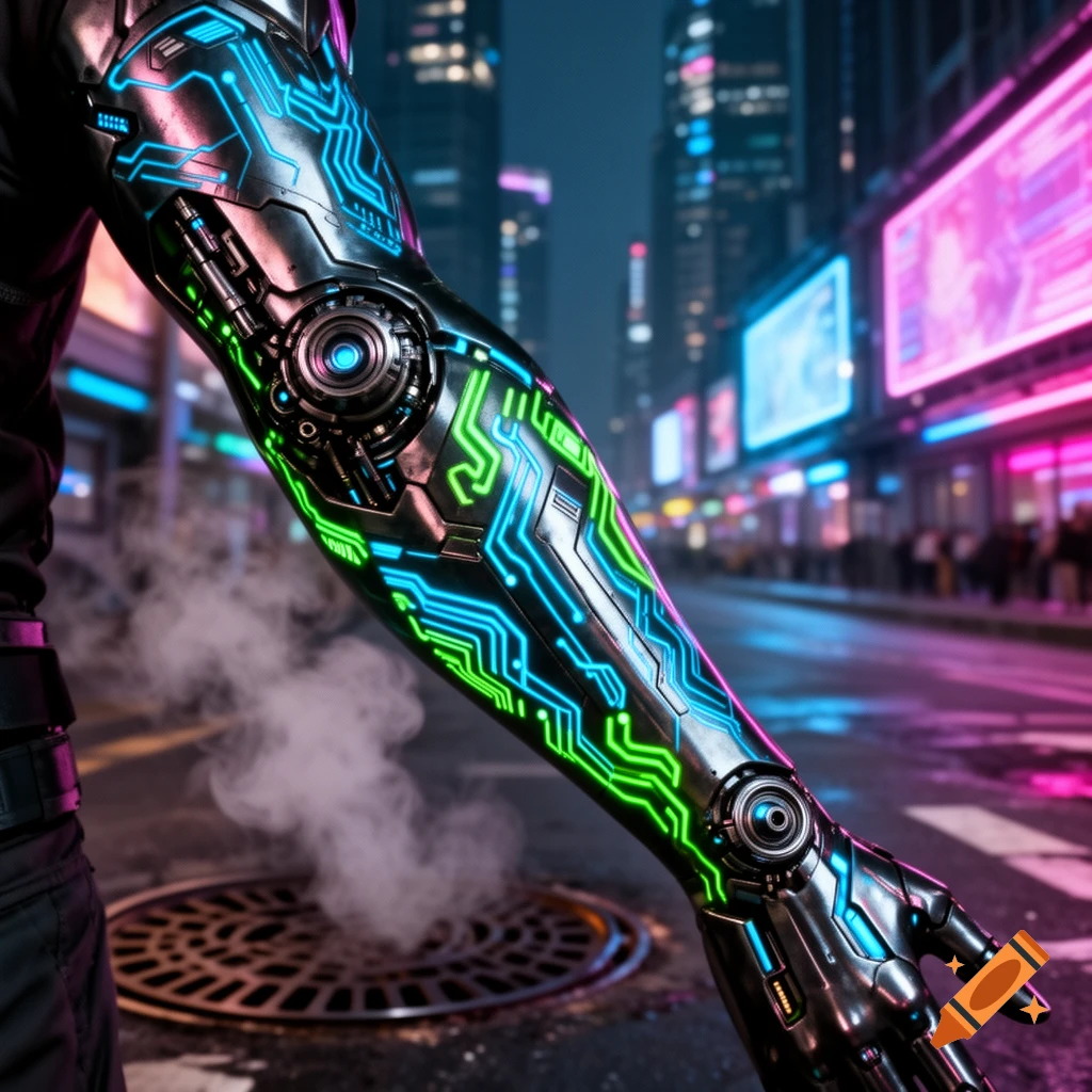 A close-up of a cyberpunk robotic arm glowing with neon green and blue circuit patterns in a dark, neon-lit futuristic city street.