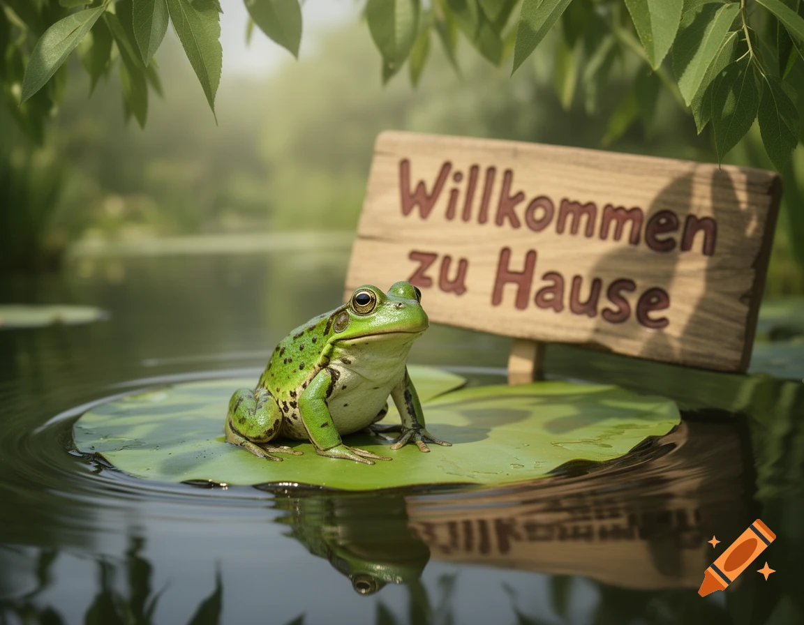 A green frog sits on a lily pad in a pond, a wooden sign behind it reads 'Willkommen zu Hause'.