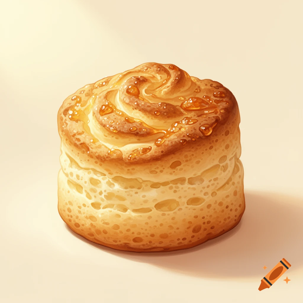 A golden-brown baked good, possibly a scone or cookie, with a swirled top drizzled with glistening honey, on a light background.