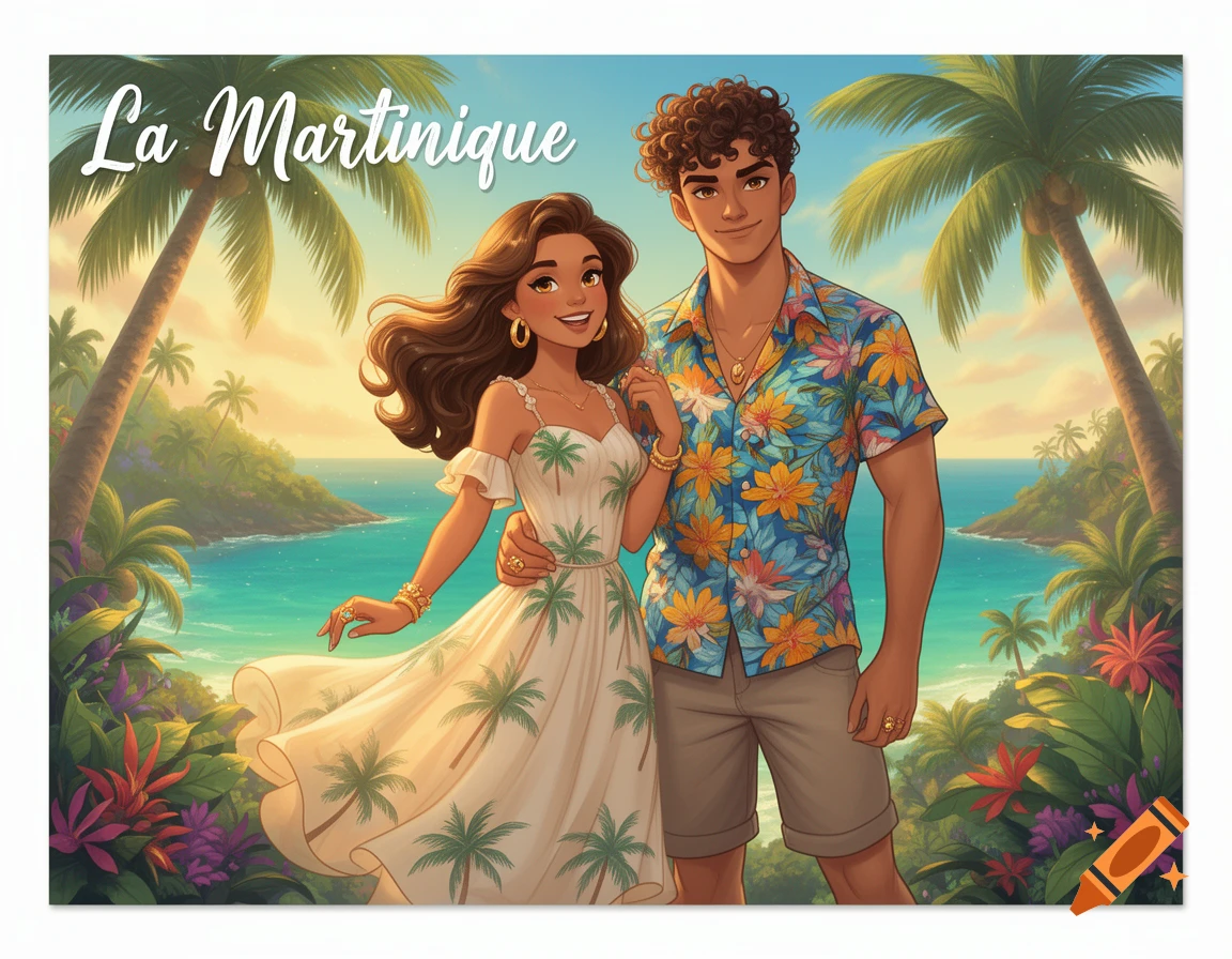 Cartoon couple on a tropical beach with palm trees, blue ocean, and text 'La Martinique' in a Disney-like illustration.