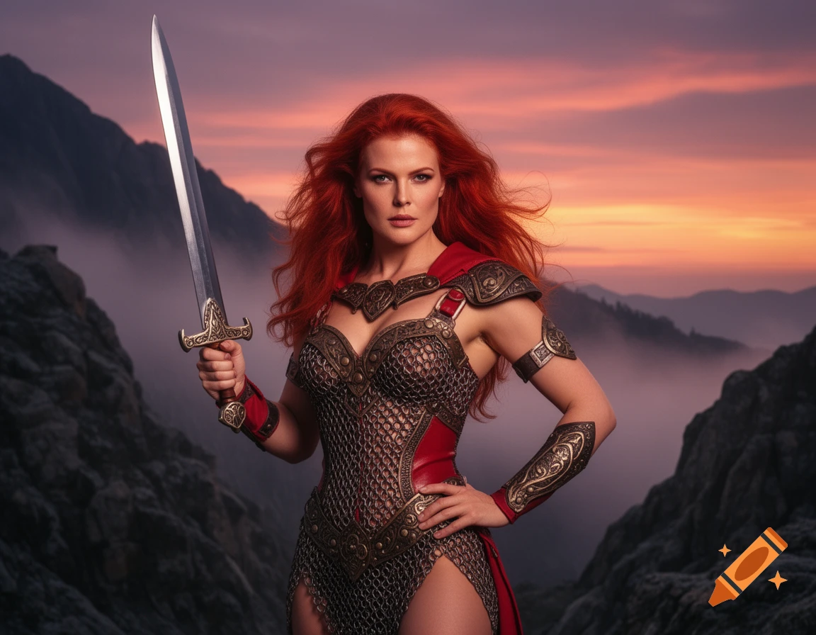 Photorealistic portrait of a red-haired woman warrior in ornate armor holding a sword against a mountain sunset.