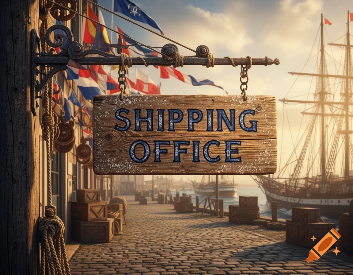 A 'SHIPPING OFFICE' sign on a wooden post in a historical harbor with tall sailing ships, cobblestone ground, and crates under a warm sky.