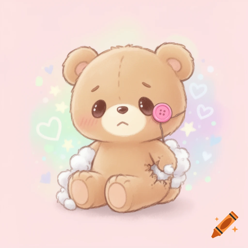 A pastel kawaii style art of a cute brown teddy bear with a pink button eye, stuffing coming out, on a pastel pink background with hearts and stars.