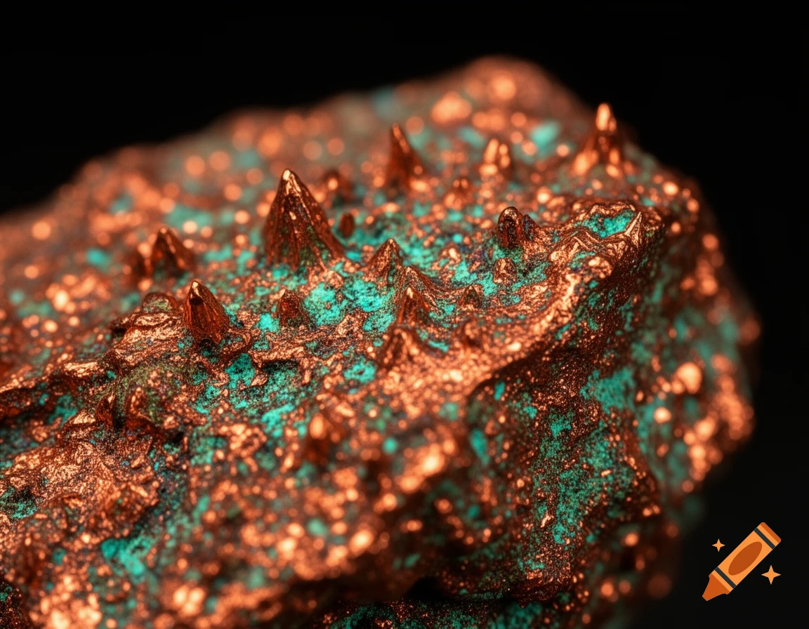 Close-up of a rough, spiky mineral formation with shiny copper and teal elements on a dark background.