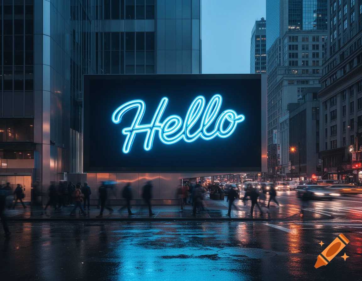 Photorealistic night scene of a city street with a large neon blue 'Hello' sign on a billboard, wet pavement reflecting lights.