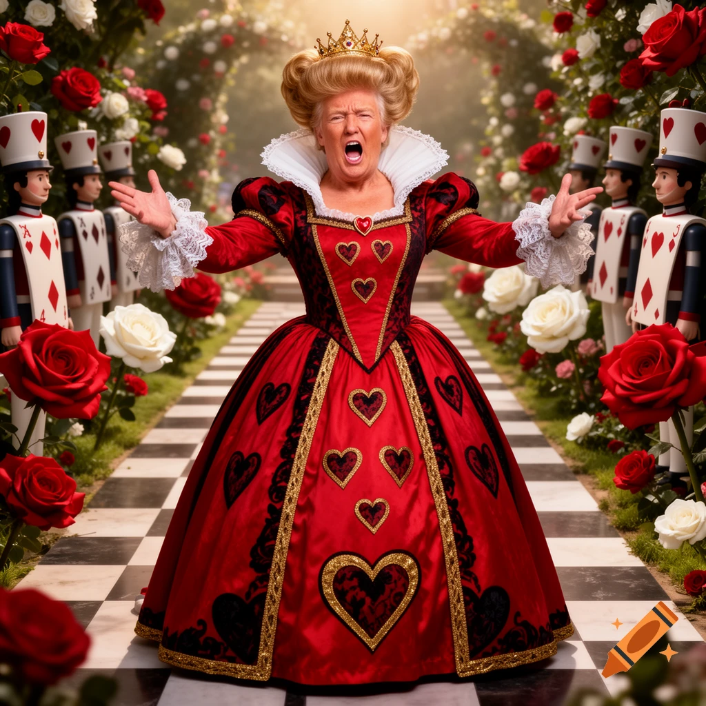 Photorealistic image of Donald Trump dressed as the Queen of Hearts, with a crown and a red gown, yelling in a rose garden with card soldiers.