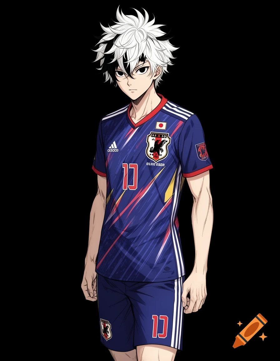 An anime-style male football player with spiky white and black hair and dark eyes wears a blue Japanese national team jersey with the number 13, standing against a black background.