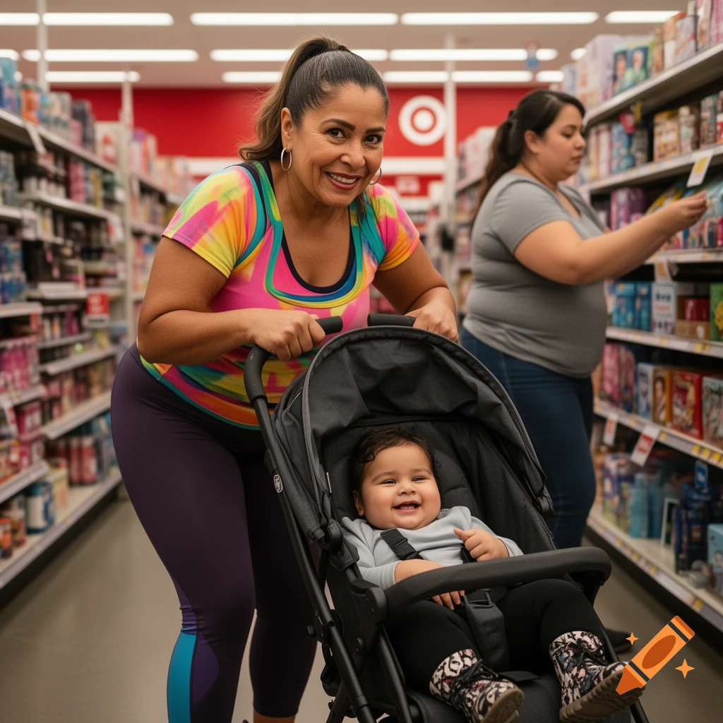 A smiling mother in athletic wear pushes a stroller with a happy baby in a Target aisle, while another woman shops in the background.