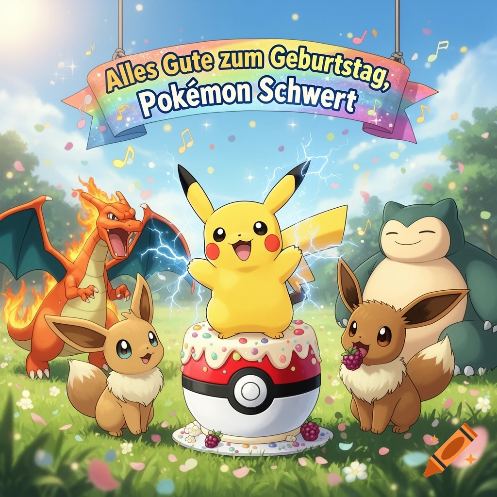Pikachu stands on a Pokeball cake with Charizard, Eevee, and Snorlax in a grassy field under a birthday banner. Cartoon style.