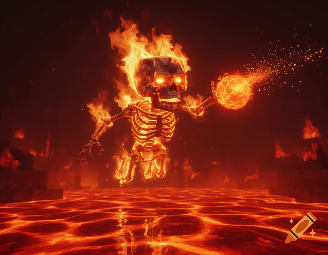 A blocky, flaming Minecraft skeleton floats above lava, shooting a fireball, with fiery eyes in a dark, infernal landscape.