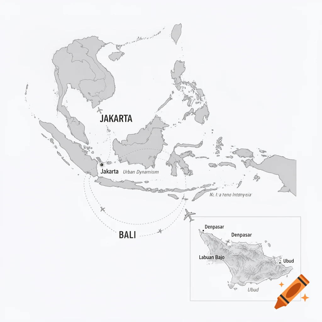 A grey map of Indonesia with Jakarta and Bali labeled, showing travel routes. An inset map details Bali, including Denpasar and Ubud.
