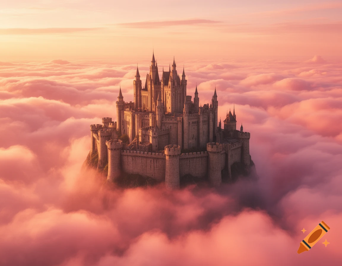 A grand, ornate fantasy castle with spires and turrets rises majestically from pink and orange clouds.