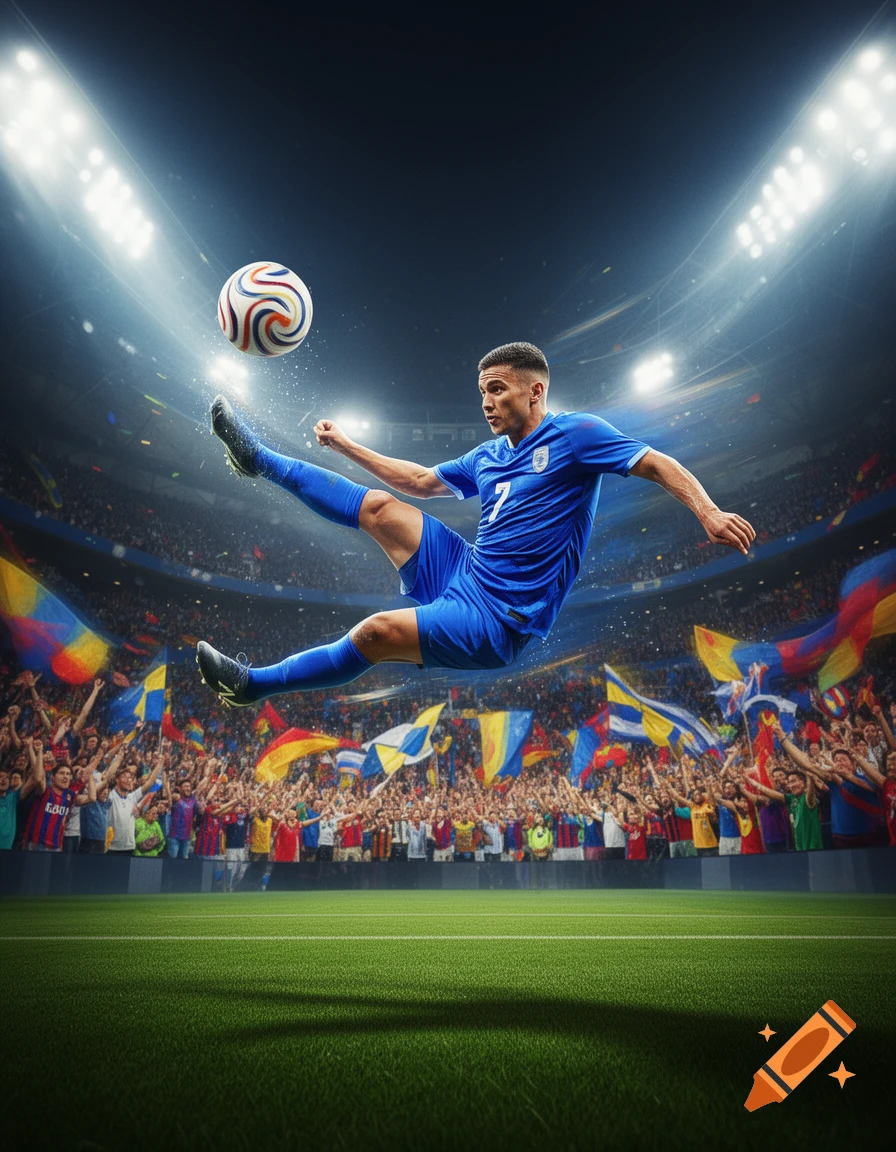 Photorealistic soccer player in a blue uniform kicking a ball mid-air in a brightly lit stadium with cheering fans.