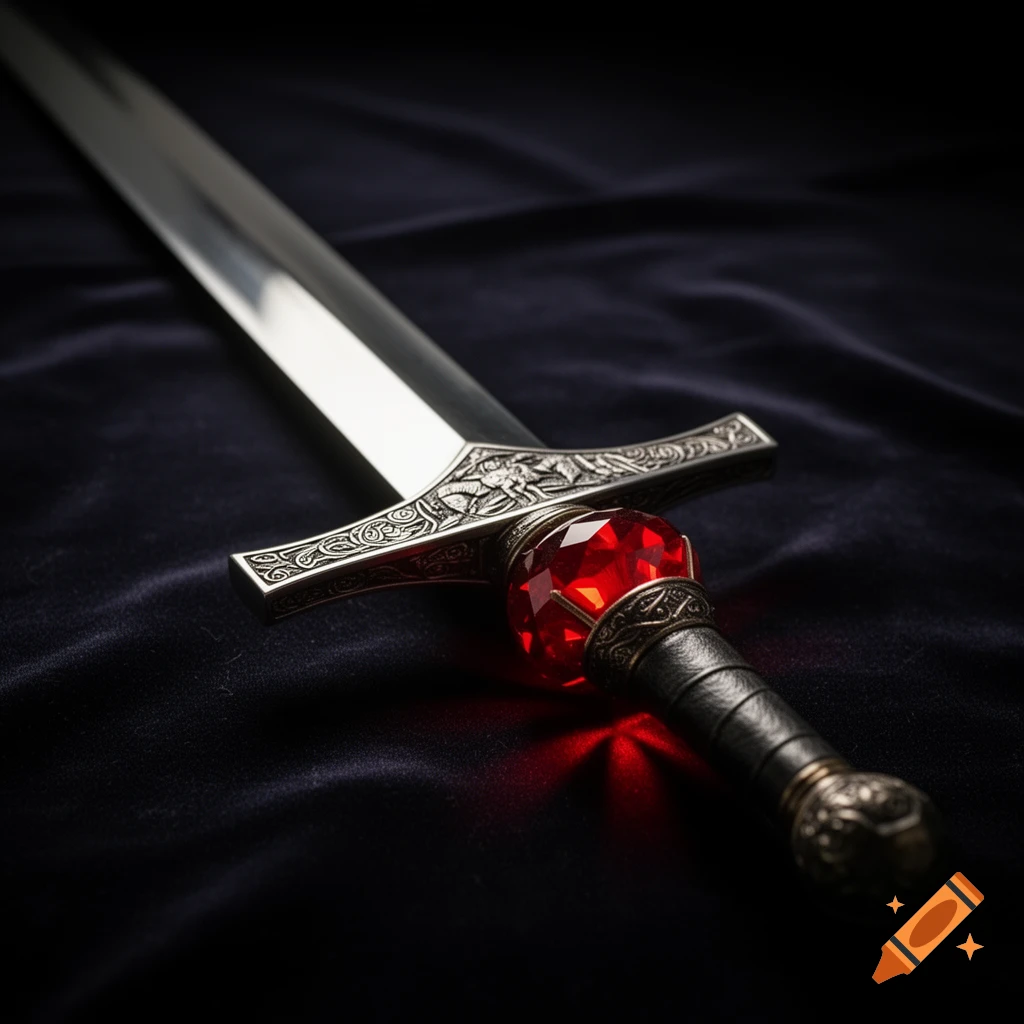 A detailed photorealistic longsword with a polished silver blade, ornate hilt, and glowing red gem pommel resting on dark fabric.